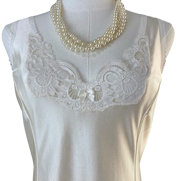 Vintage 70s Creamy White Satin Nylon Lace & Bow Full Slip Dress Women's Size M - Picture 2 of 8